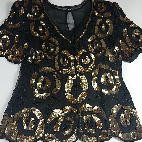 Lawrence Kazar, Black and Gold Sequined top, Sz L - Picture 8 of 8